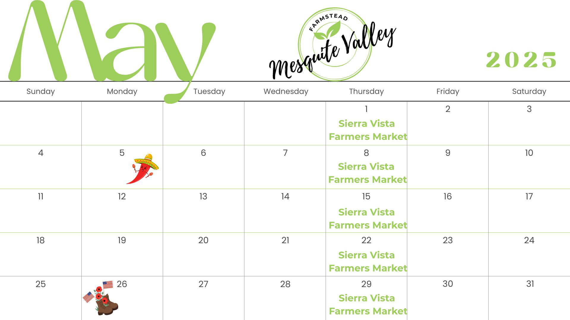 Sierra Vista Farmers Market - 1 Calendar showing where you will find us in April 2025