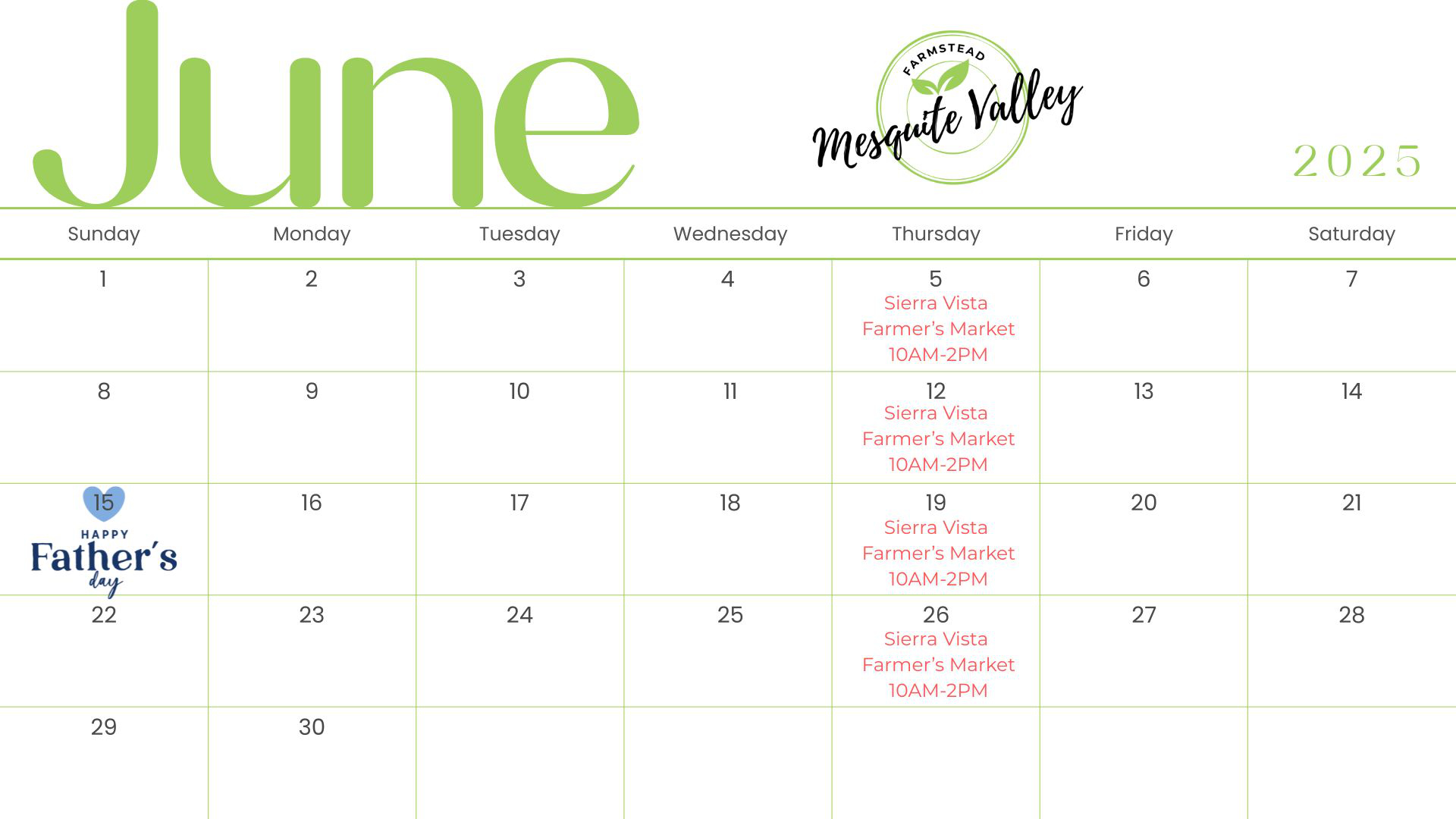 Sierra Vista Farmer’s Market 10AM-2PM - 1 Calendar showing where you will find us in April 2025