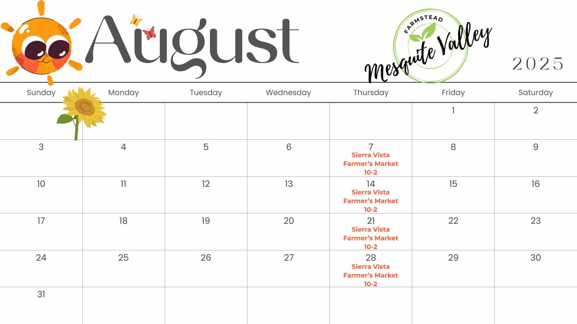 August - 1 August calendar showing when we'll be at the Farmer's Market