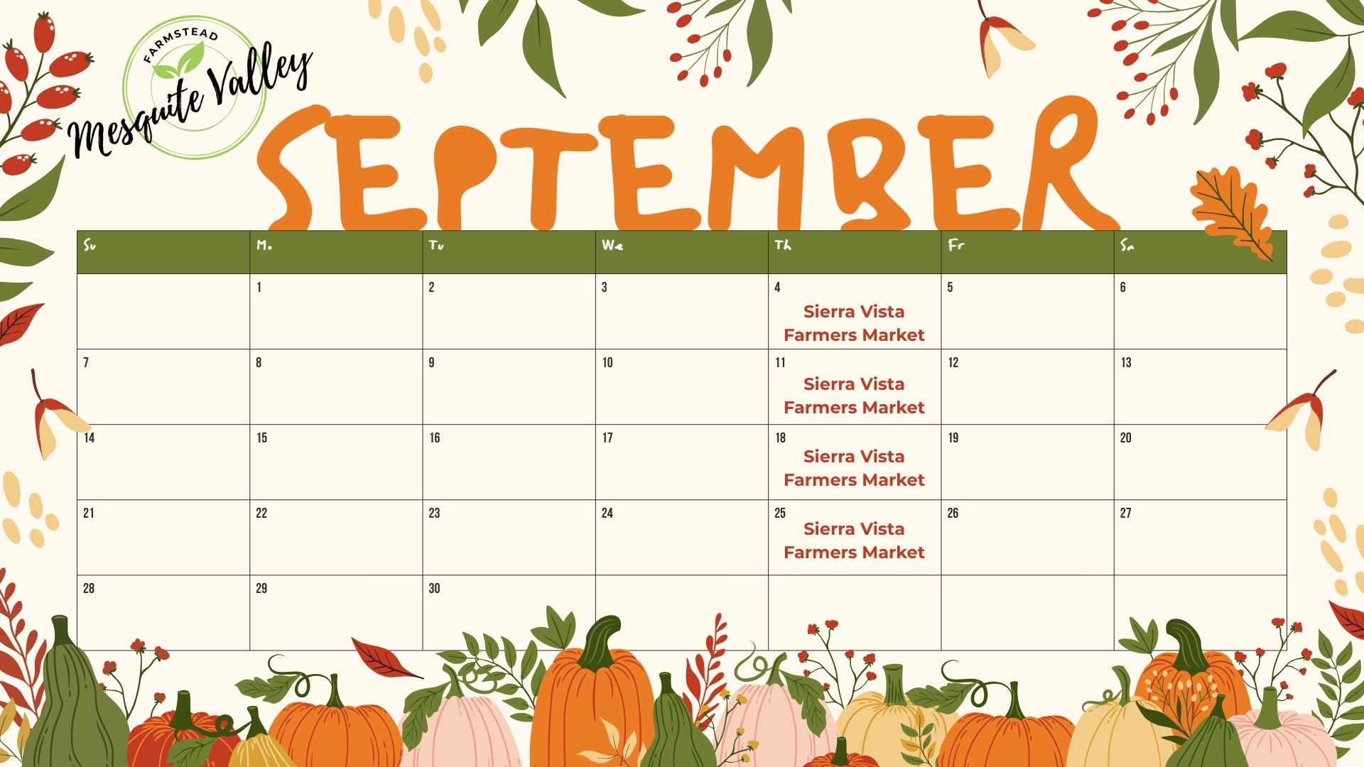Sierra Vista Farmers Market - 1 August calendar showing when we'll be at the Farmer's Market