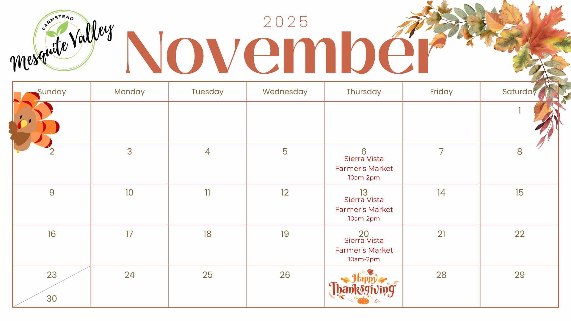 November Calendar showing when we'll be at market
