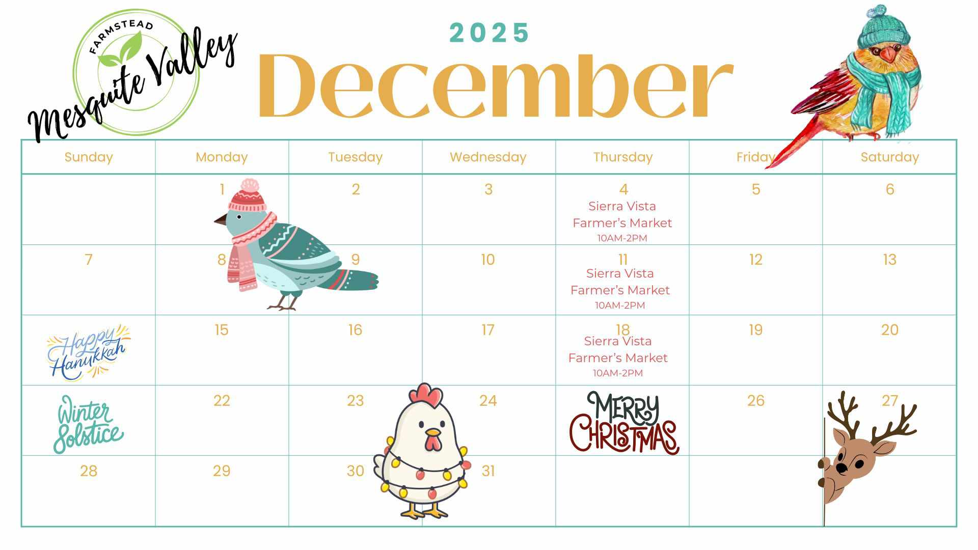 November Calendar showing when we'll be at market