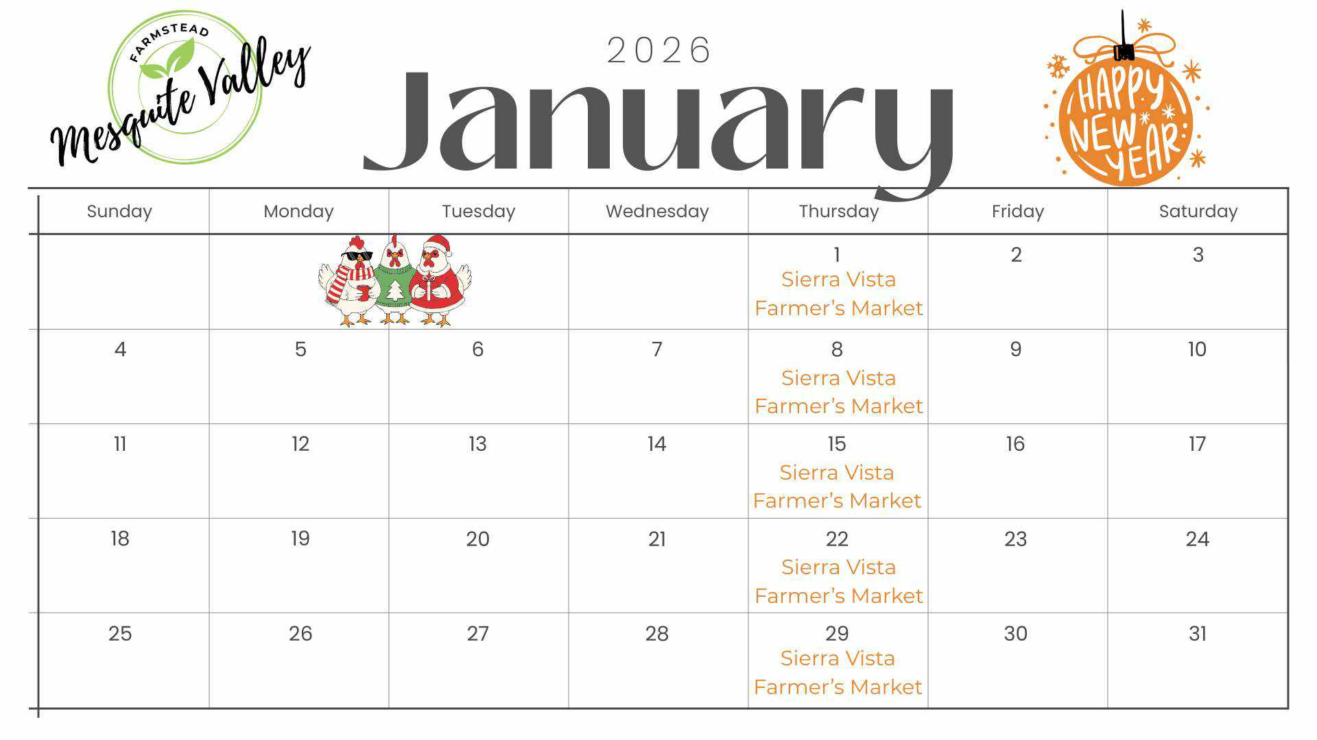 January calendar showing when we'll be at the farmer's market