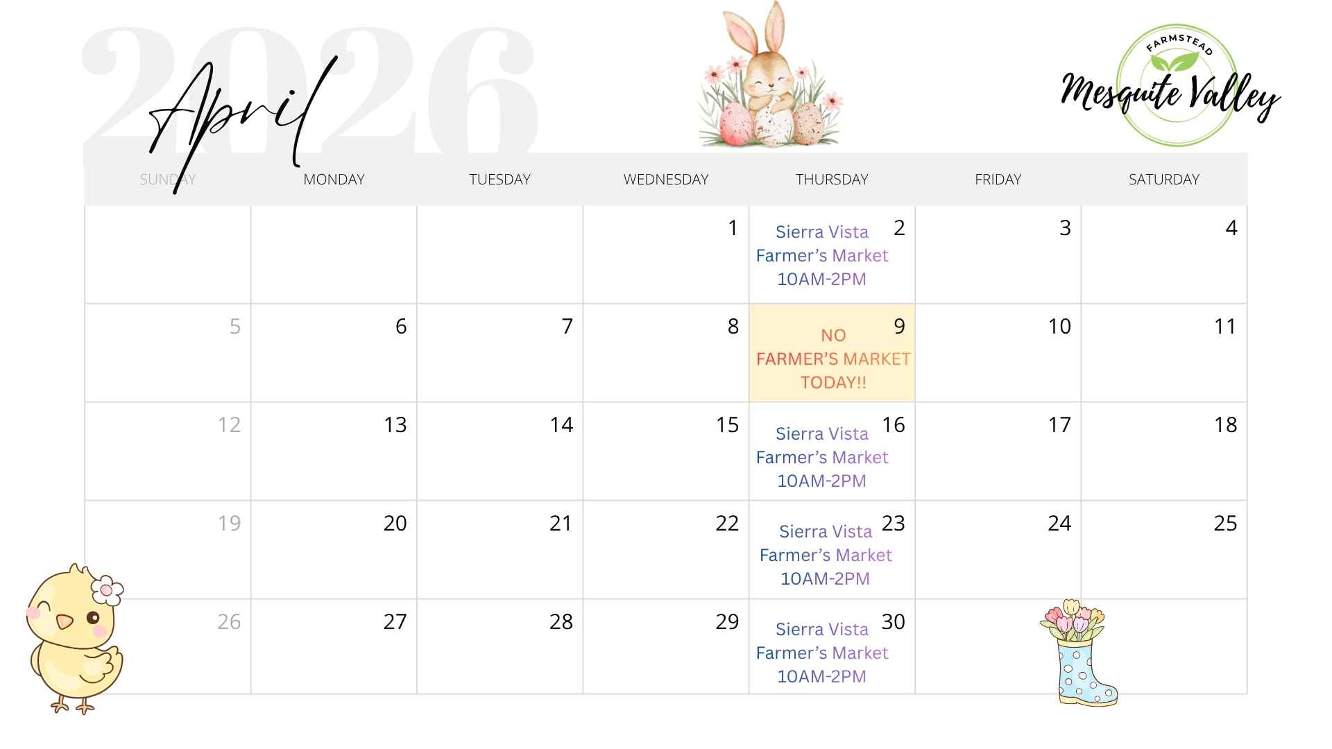 Calendar showing when we'll be at the market