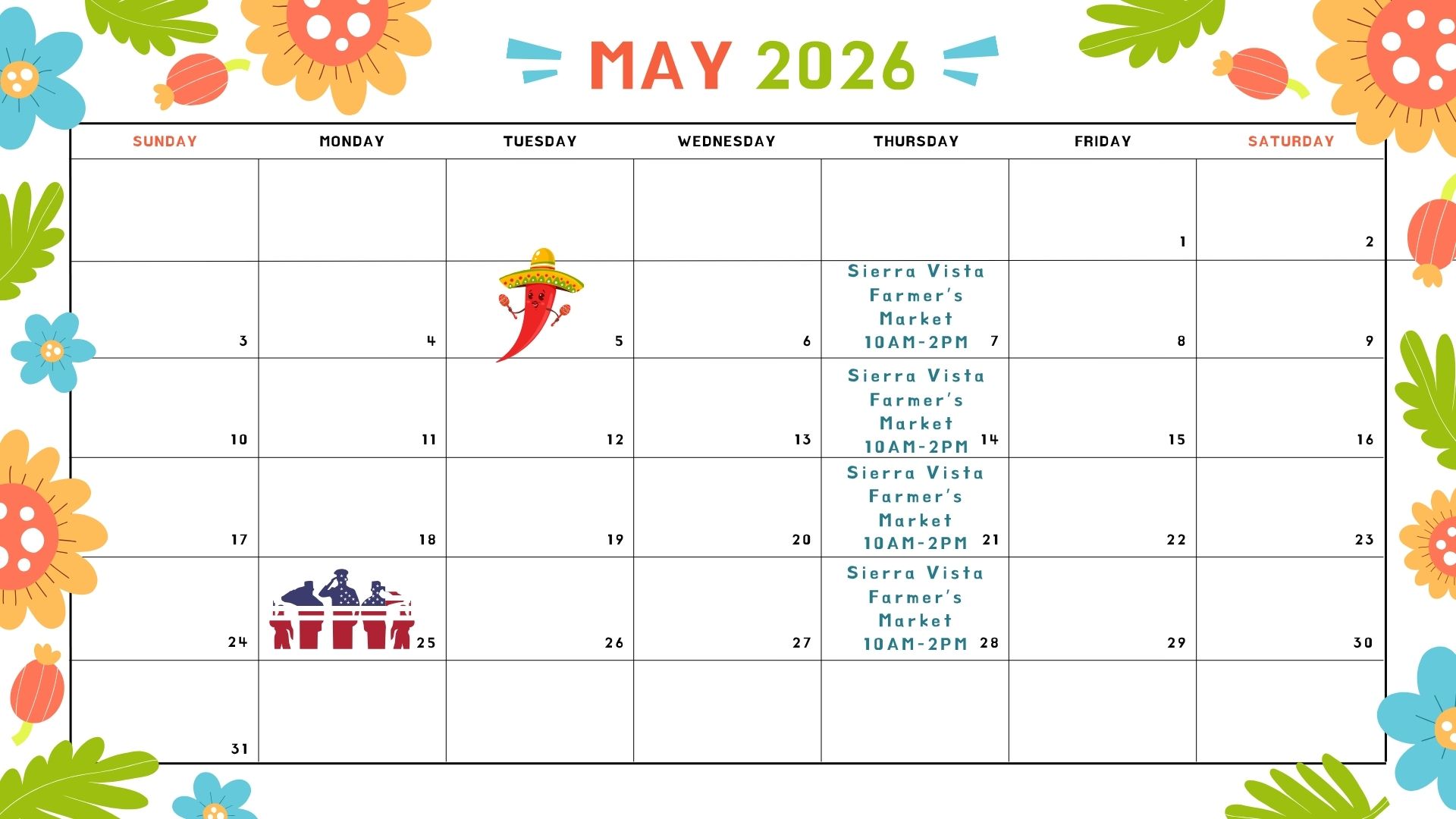 Calendar showing when we'll be at the market
