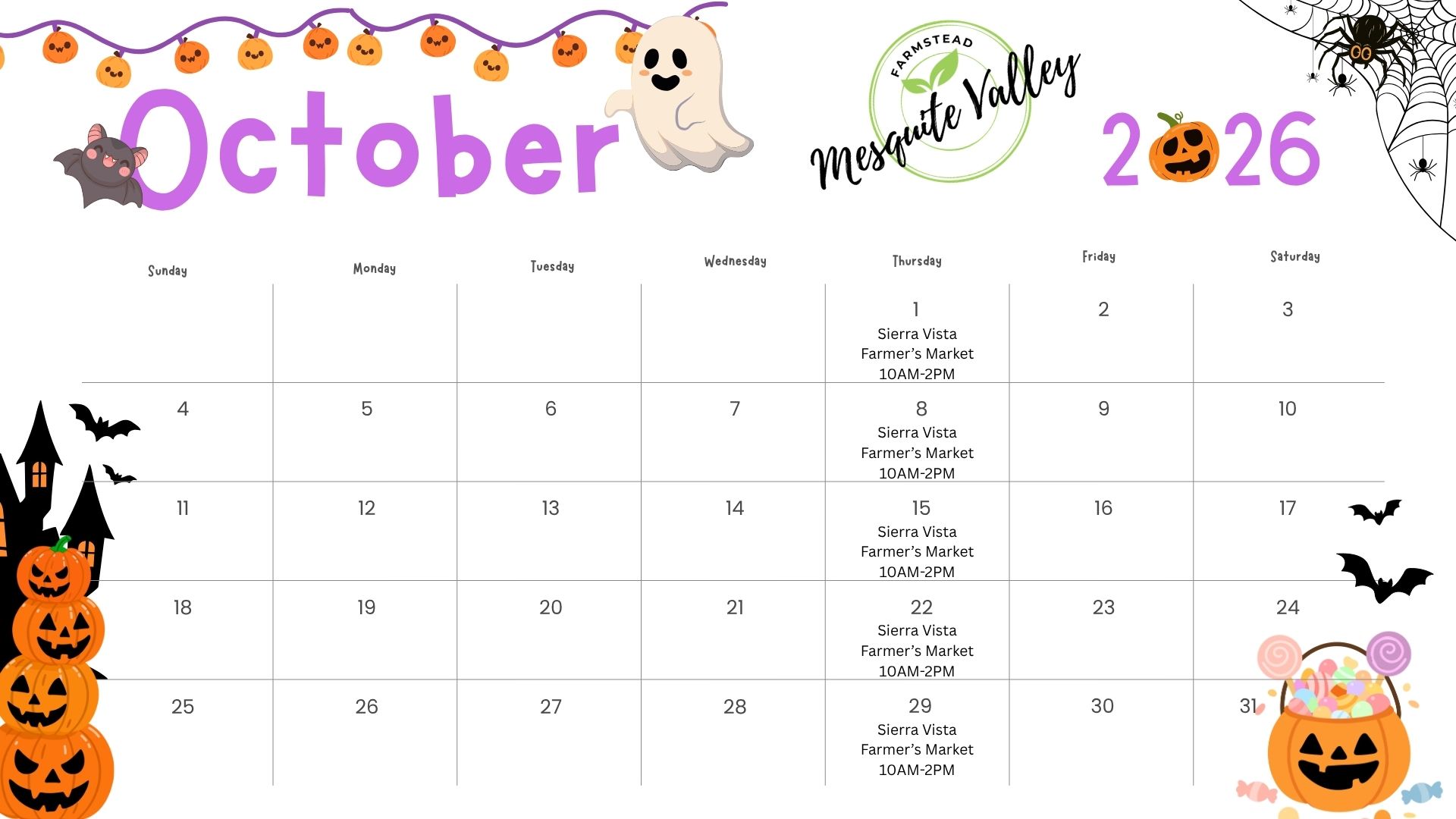 October 2026 calendar showing our market schedule.